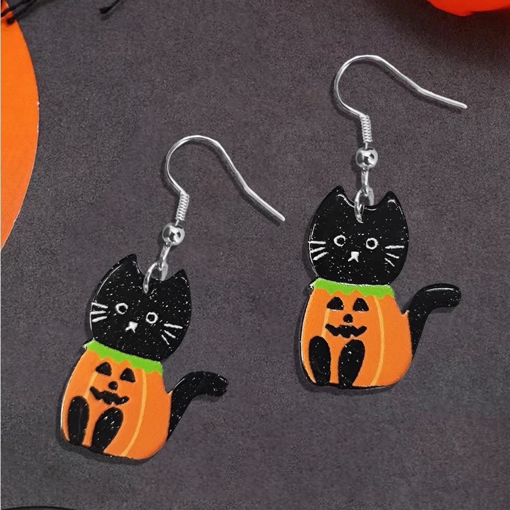 1pair Cute Pumpkin & Black Cat Design Halloween Party Earrings